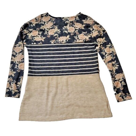 Truself Long Sleeve Women's Top M 42 Tan Navy Pink Roses Stripe - Picture 2 of 5